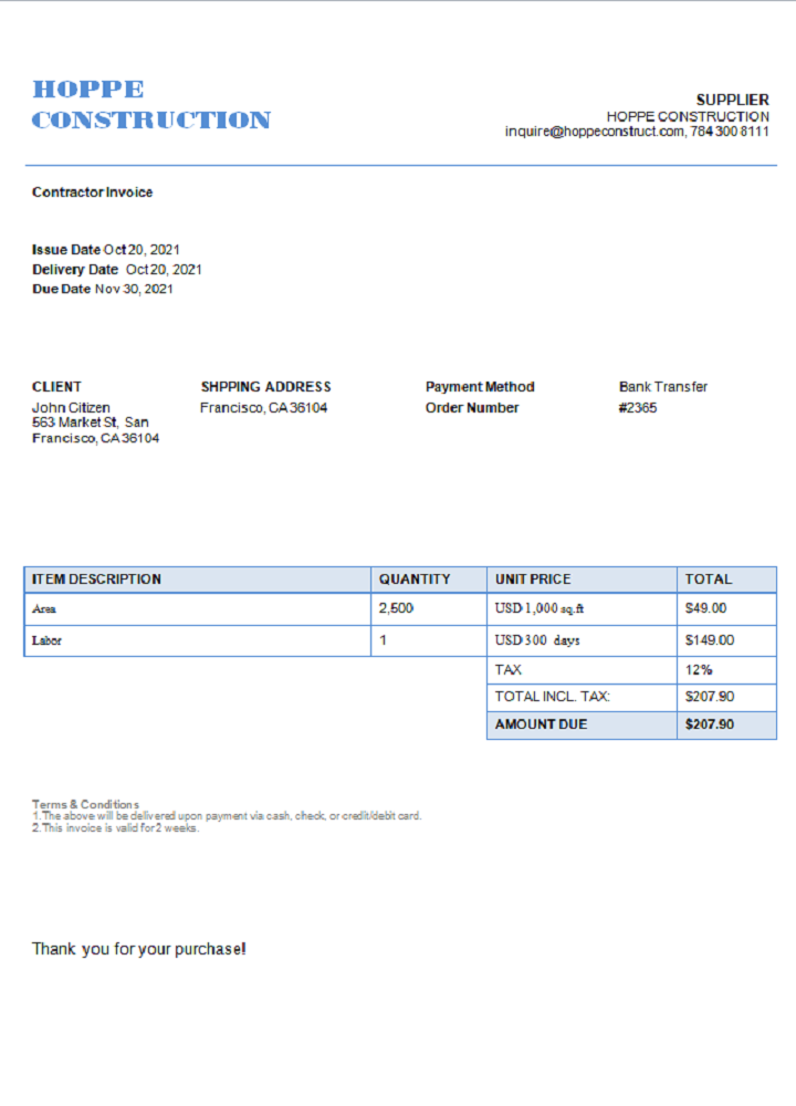 USA Hope Construction invoice PSD template